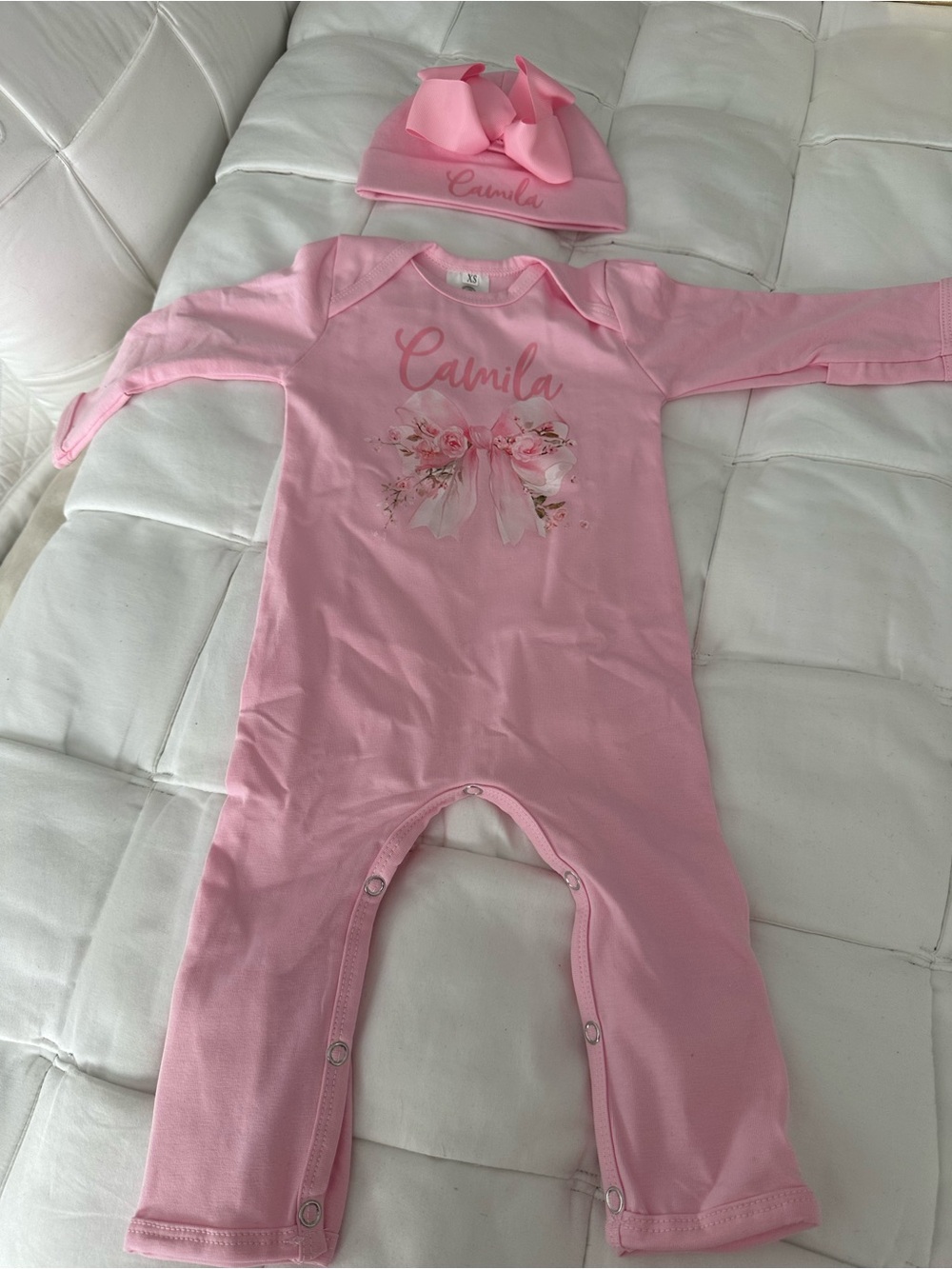 Pink Personalized Floral Baby One-Piece with Hat from Etsy. Name - Camila
